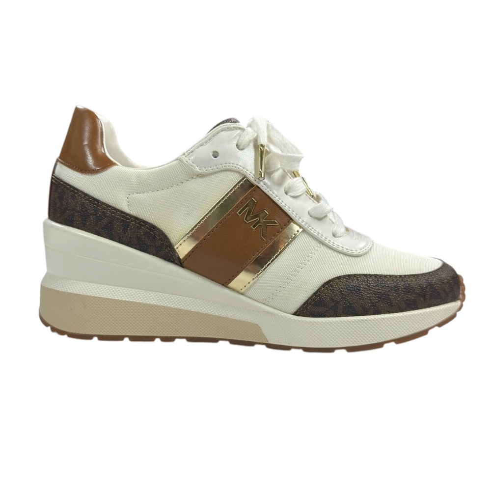 Michael Kors Georgie Wedge Sneakers 7 Brown White Logo Trainer Luxury Streetwear - Picture 8 of 11